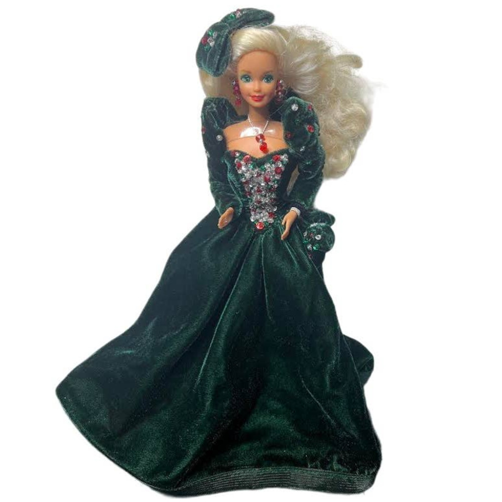 Happy Holidays Barbie - Green Eyes - Green Dress - 90s Barbie - Velvet Dress